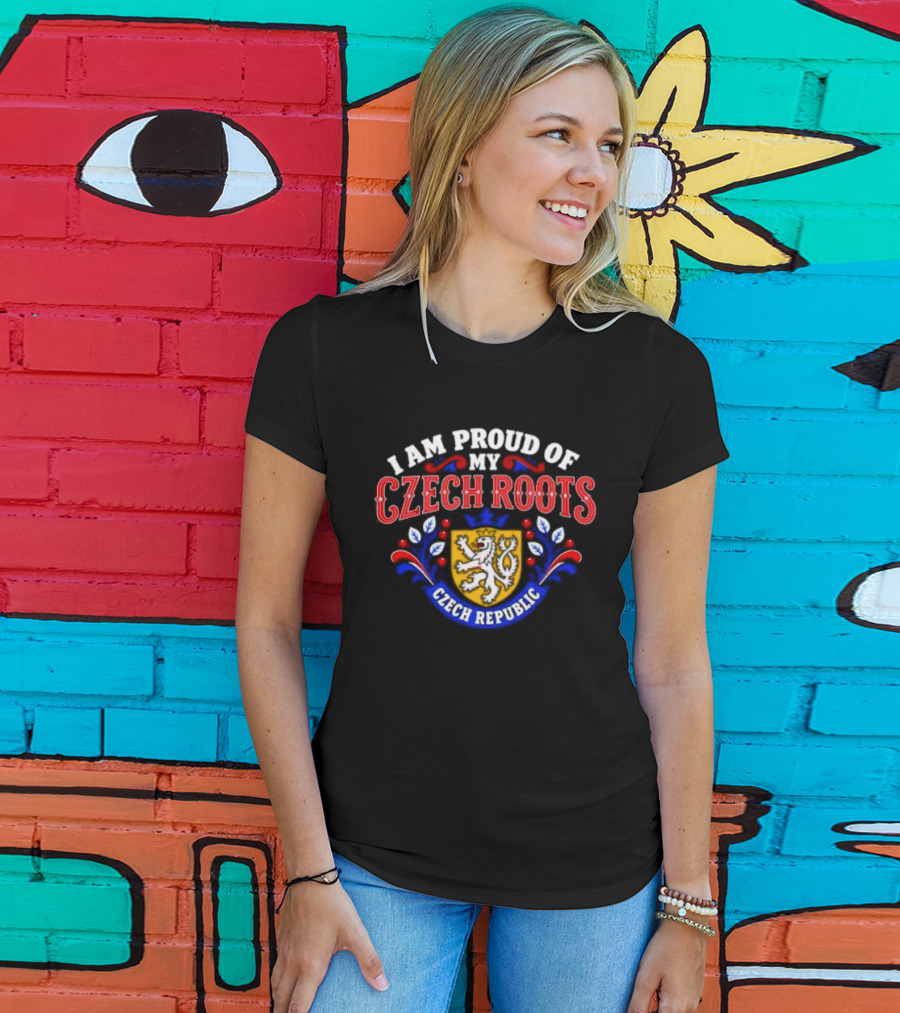 I Am Proud Of My Czech Roots Czech Republic Crest With Lion And Floral Motif T-Shirt