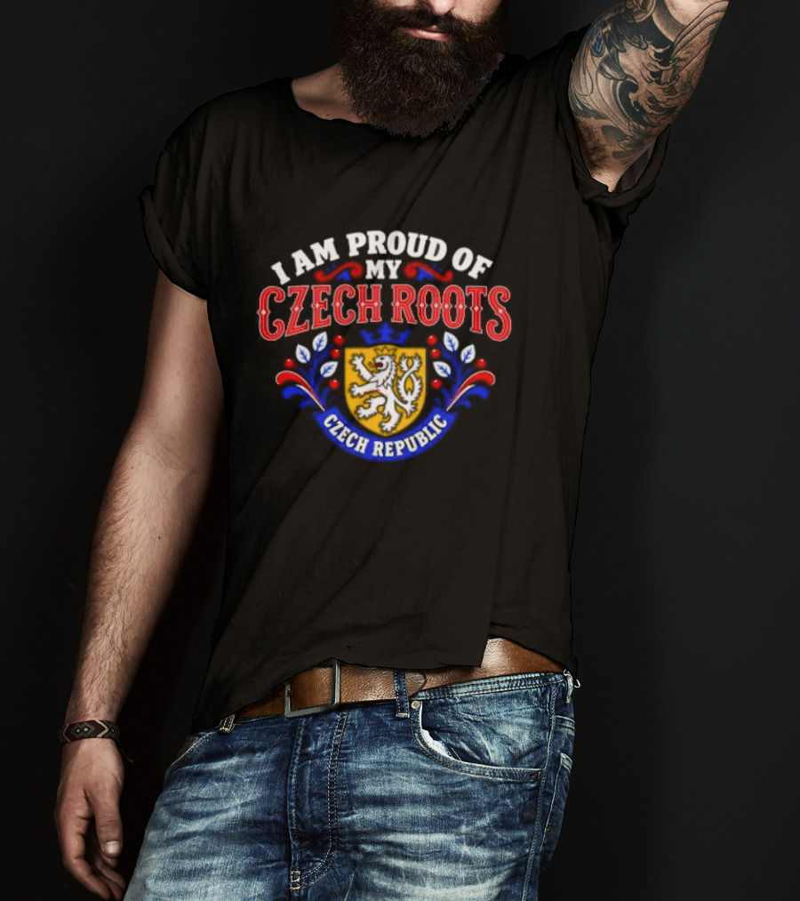 I Am Proud Of My Czech Roots Czech Republic Crest With Lion And Floral Motif T-Shirt