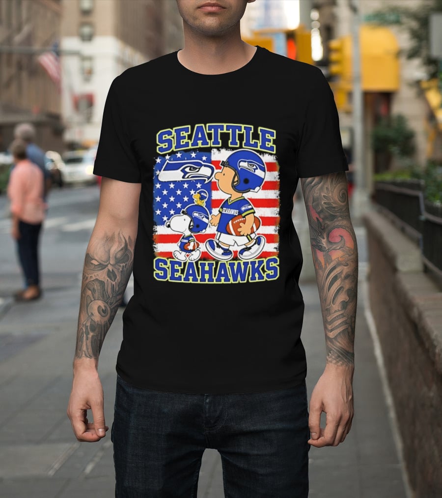Snoopy Charlie Brown Seattle Seahawks American Flag Football T-Shirt