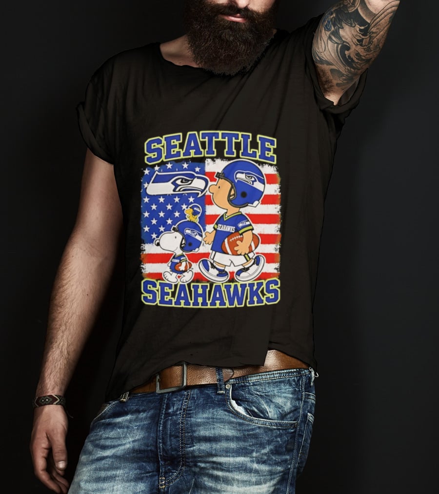 Snoopy Charlie Brown Seattle Seahawks American Flag Football T-Shirt