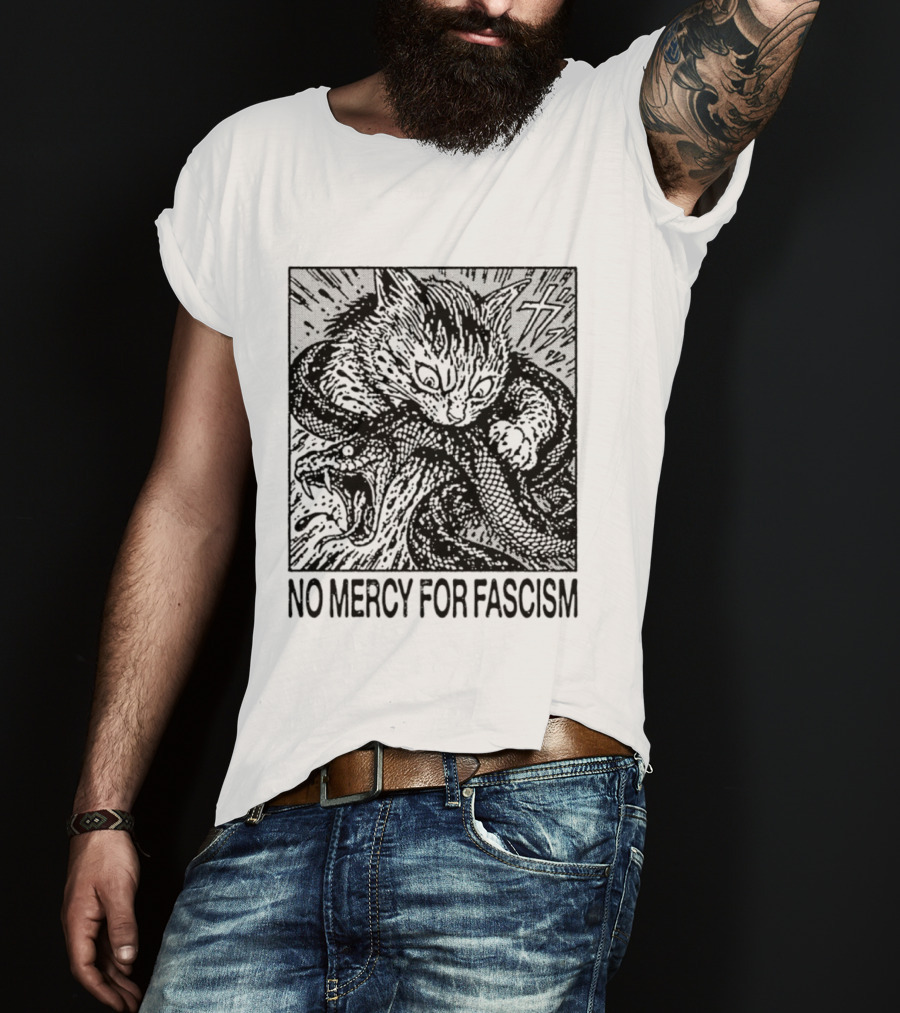 No Mercy For Fascism Cat Fighting Snake T-Shirt