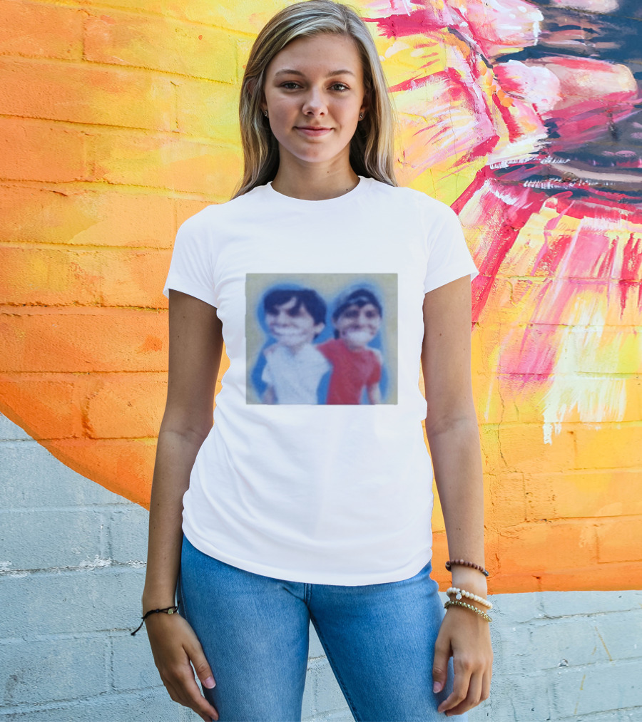 Slushy Noobs Hugging Cartoon Characters In Red And White Outfits T-Shirt