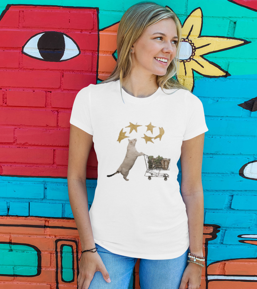 Cat Pushes Shopping Cart With Golden Stars Above T-Shirt
