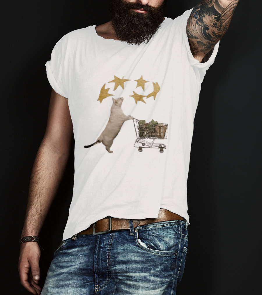 Cat Pushes Shopping Cart With Golden Stars Above T-Shirt
