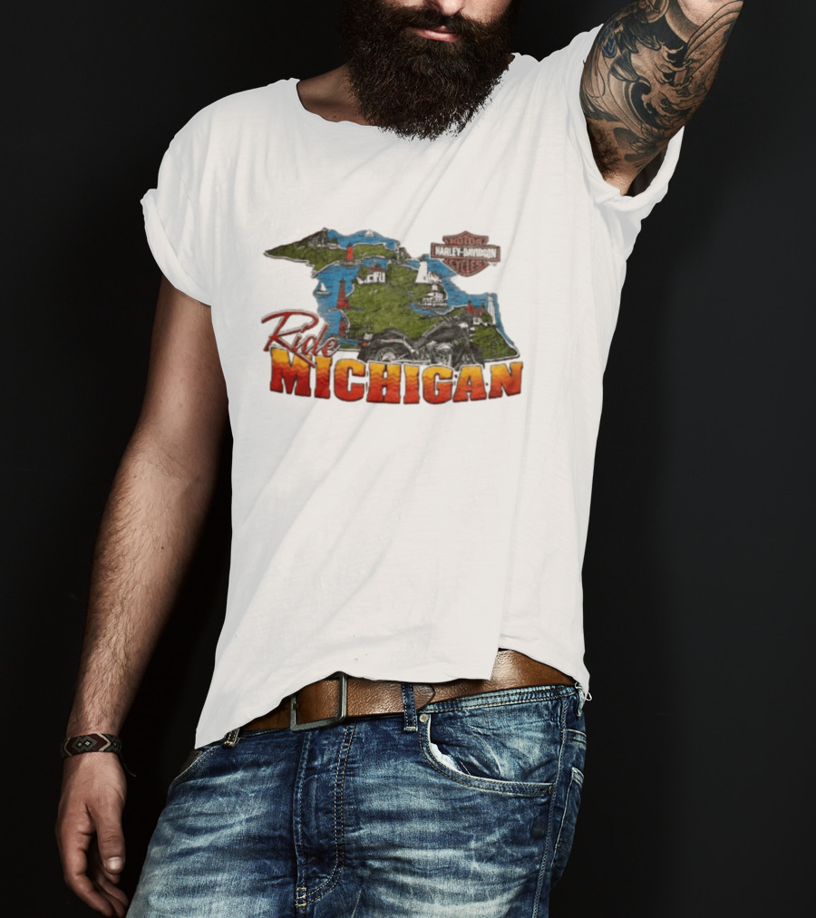 Ride Michigan Harley Davidson Motor Cycles Island Map And Lighthouse T-Shirt