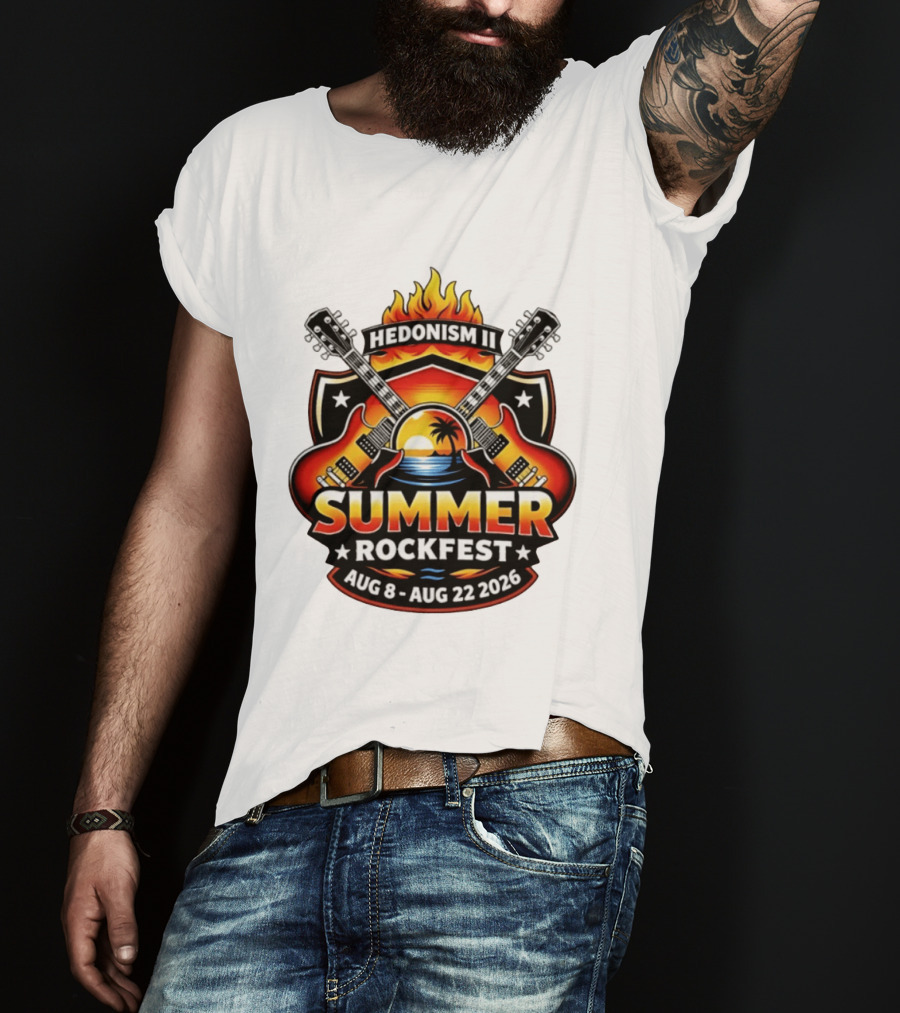 Hedonism II Summer Rockfest August 8 22 2026 Guitars Sunset Palms Fire T-Shirt