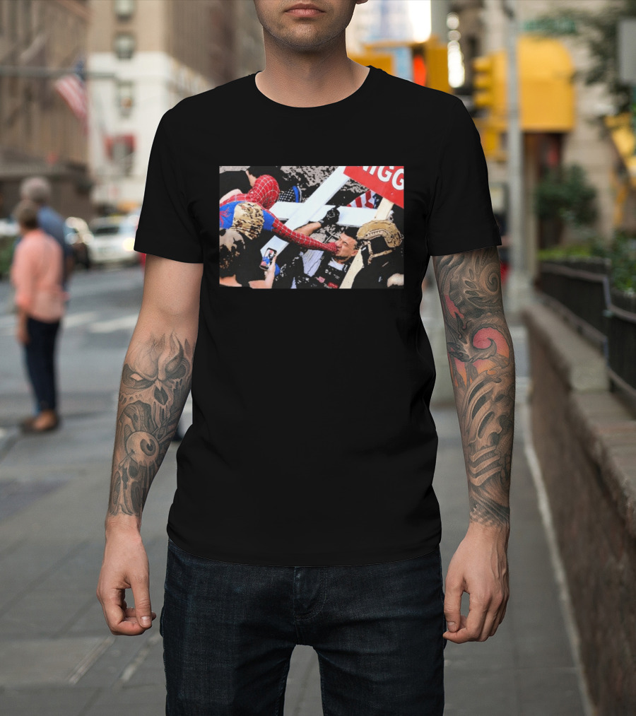 Spiderman Punch A Nazi Humor Superhero Comic Book Action Scene T-Shirt