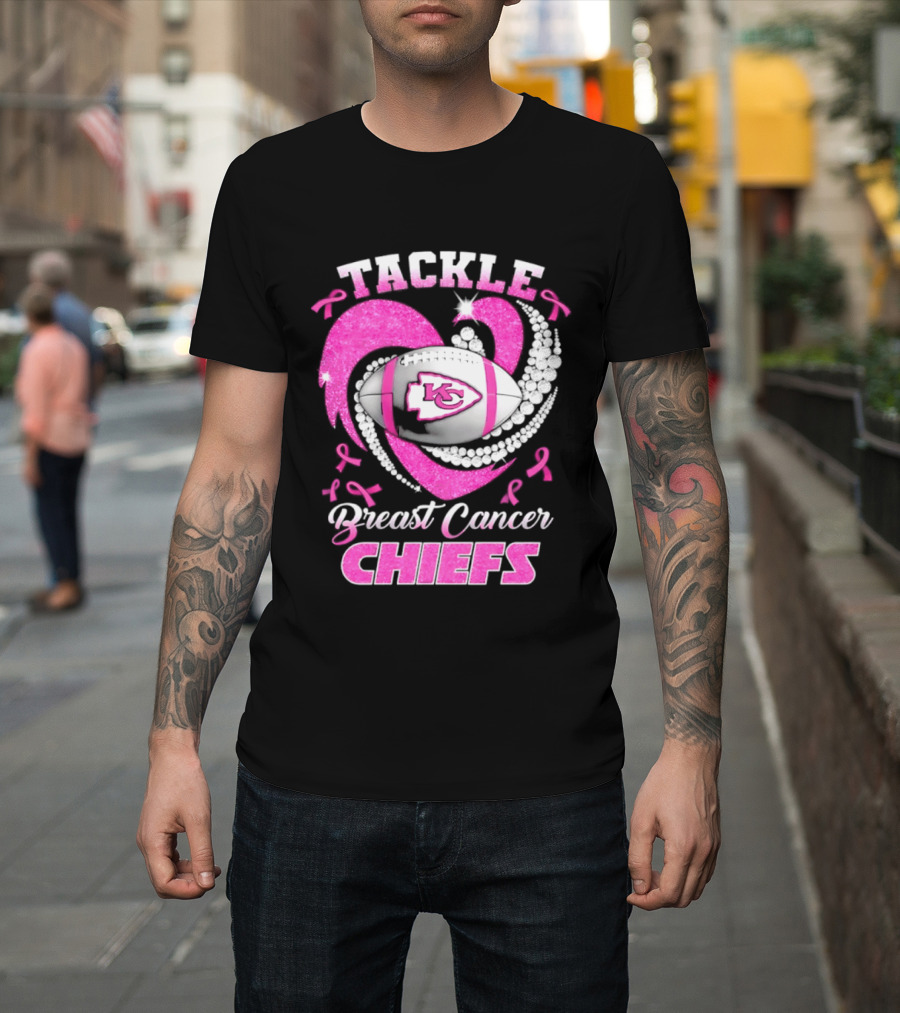 Tackle Breast Cancer Kansas City Chiefs Pink Ribbon Football Heart T-Shirt