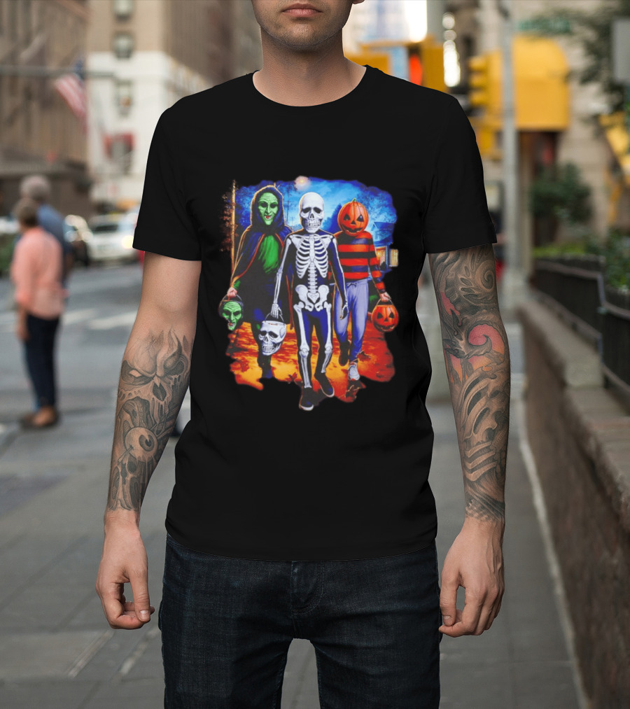 2026 Halloween Trick Or Treat Trio Skeleton Witch Pumpkin Night T-Shirt
