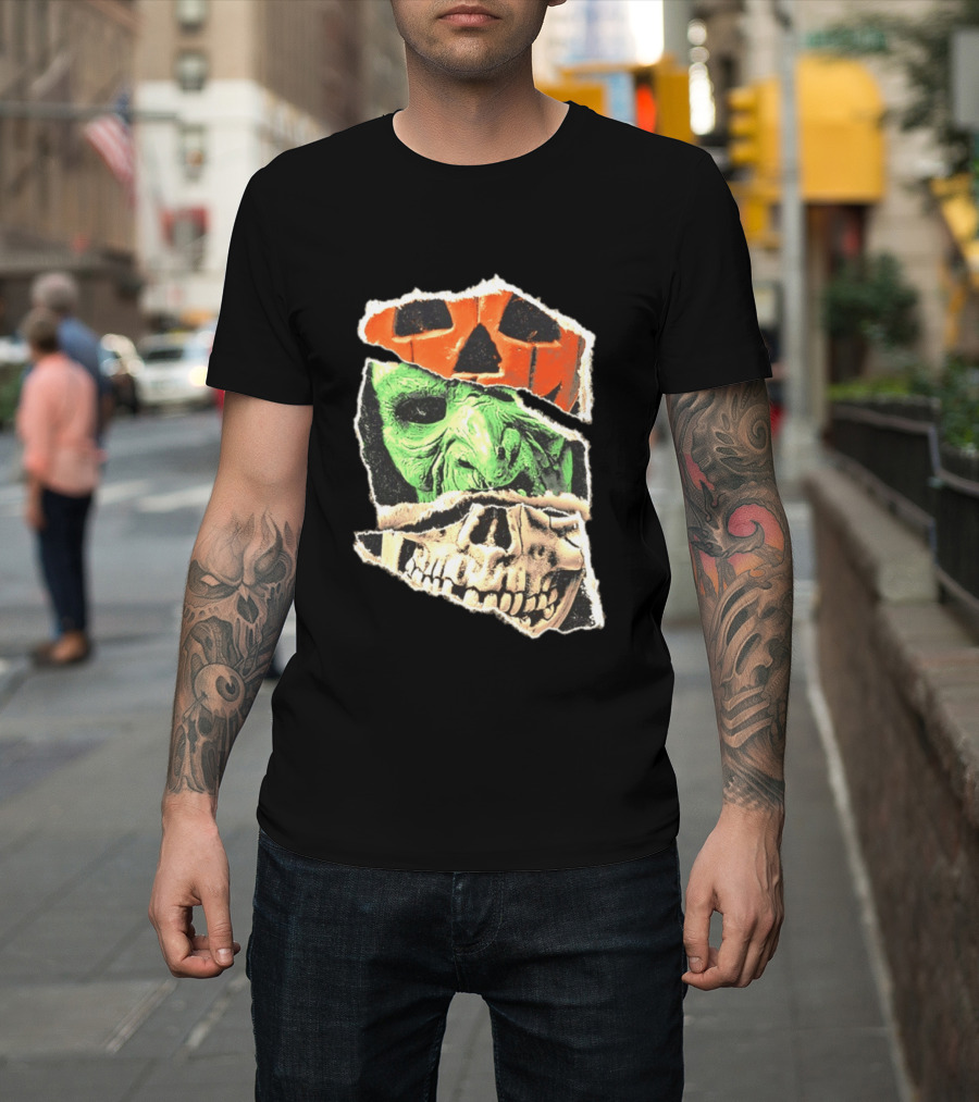 Halloween Trio Three Masks Horror Season Of The Witch Pumpkin Skull Green Mask T-Shirt