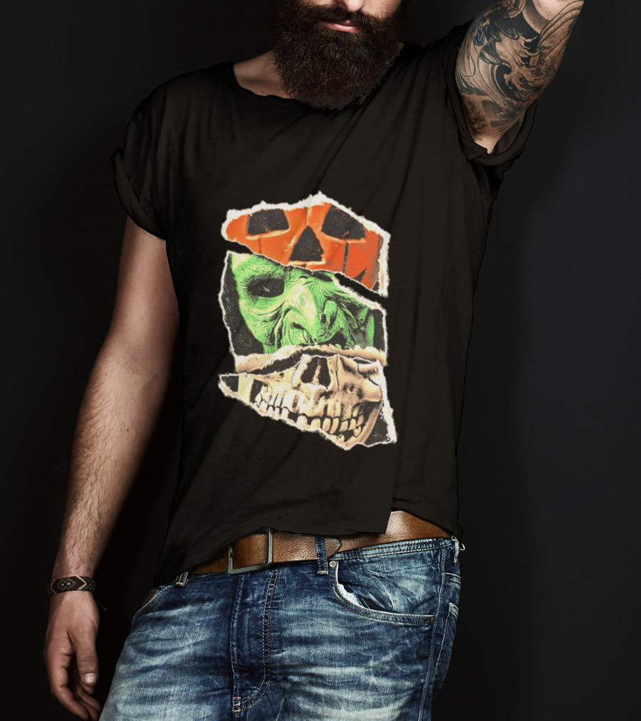 Halloween Trio Three Masks Horror Season Of The Witch Pumpkin Skull Green Mask T-Shirt