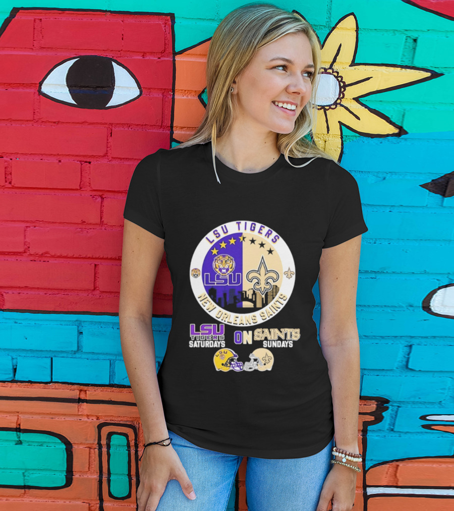 LSU Tigers New Orleans Saints Skyline Helmet Celebration Saturdays Sundays T-Shirt