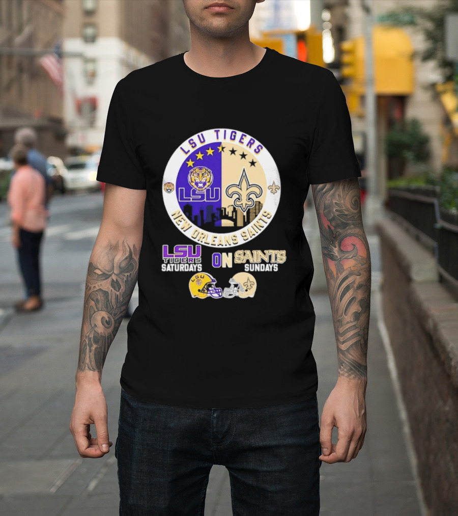 LSU Tigers New Orleans Saints Skyline Helmet Celebration Saturdays Sundays T-Shirt