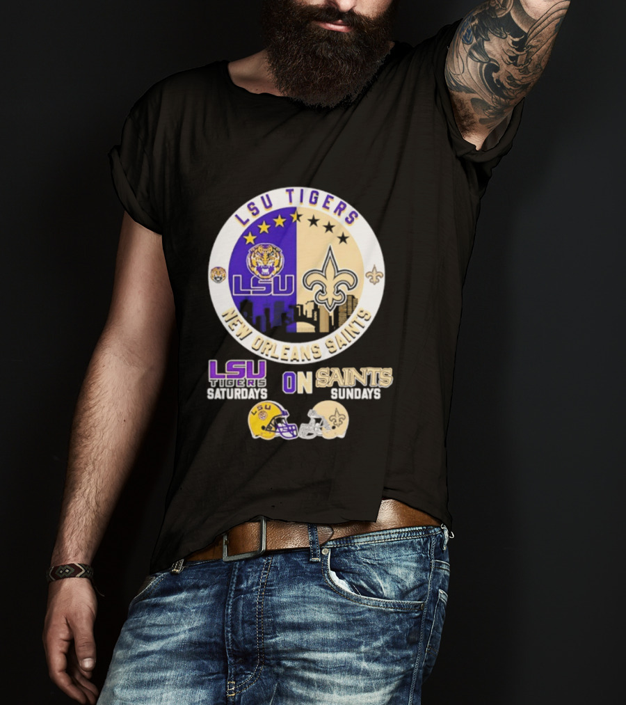 LSU Tigers New Orleans Saints Skyline Helmet Celebration Saturdays Sundays T-Shirt