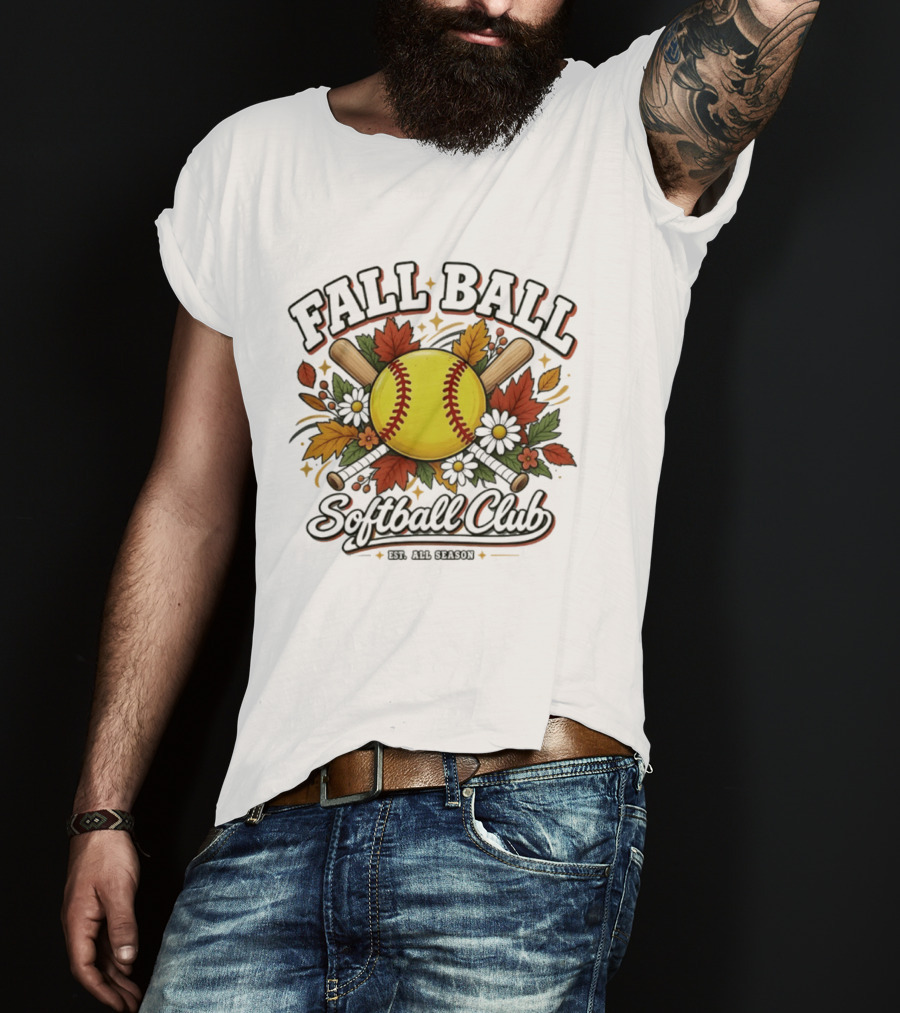 Fall Ball Softball Club Established All Season Autumn Leaves And Bats T-Shirt
