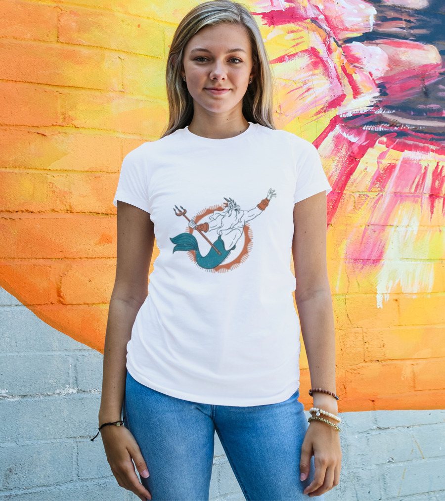 Miami Dolphins King Triton Pose With Trident And Aqua Tail T-Shirt