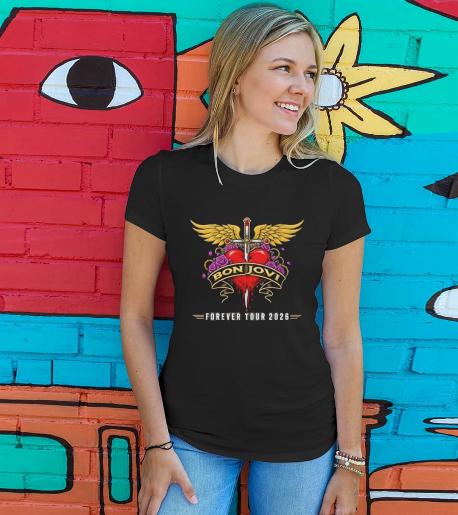 Bon Jovi Forever Tour 2026 Heart And Dagger Wings Roses T-Shirt