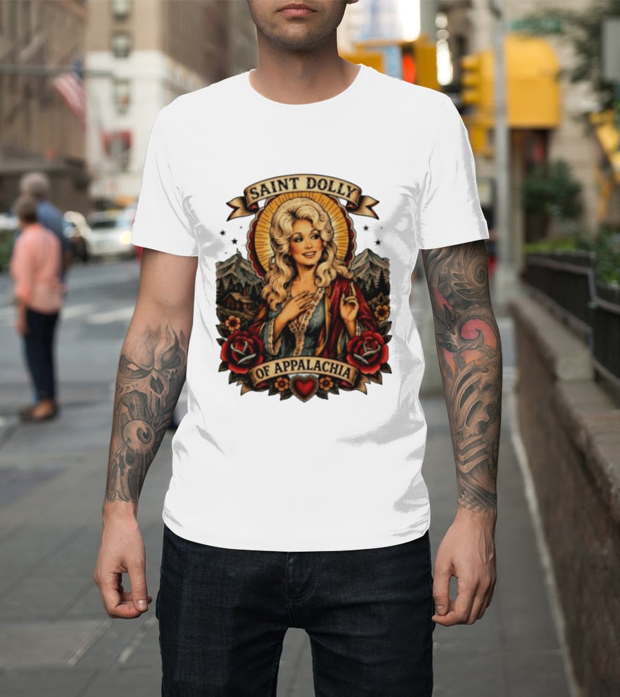 Saint Dolly Of Appalachia Iconic Tribute With Roses And Mountains T-Shirt