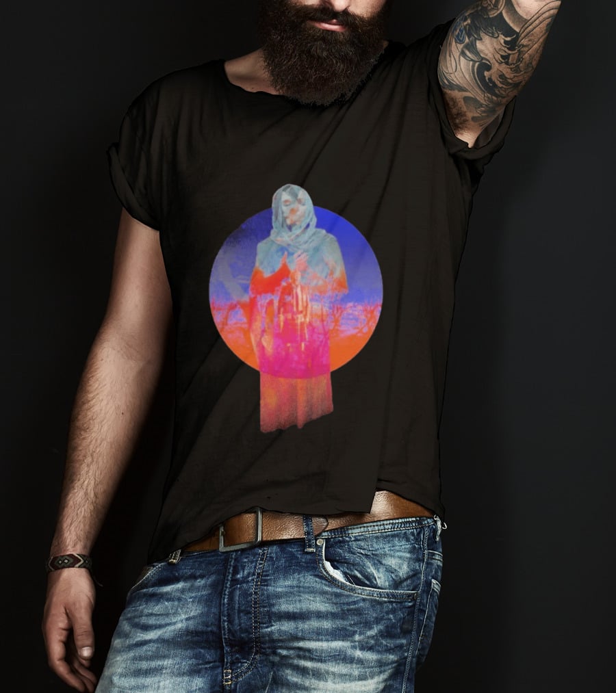 Hot Spot Eclipse Surreal Mystical Figure Eerie Hooded Apparition In Vibrant Color Spectrum T-Shirt
