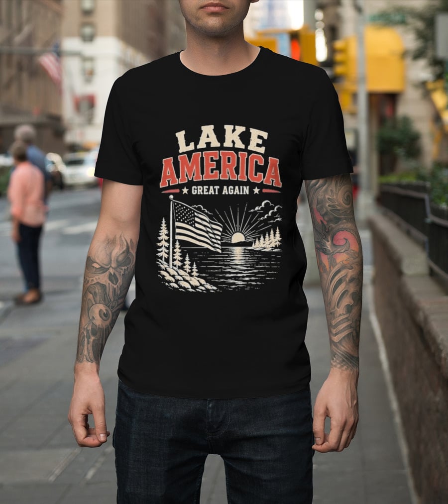 Lake America Great Again With Sunset And Flag Scene T-Shirt