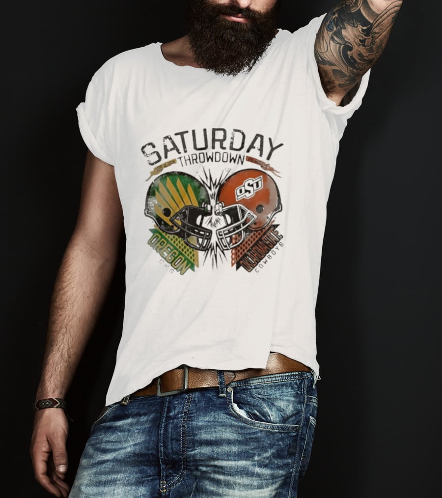 Oklahoma State Vs Oregon Saturday Throwdown 2026 Helmet Clash T-Shirt