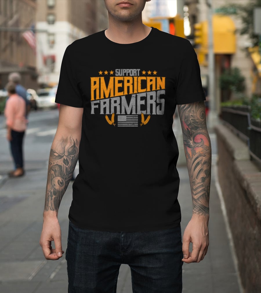 Support American Farmers Onyx Flag Stars And Tractor Wheels T-Shirt