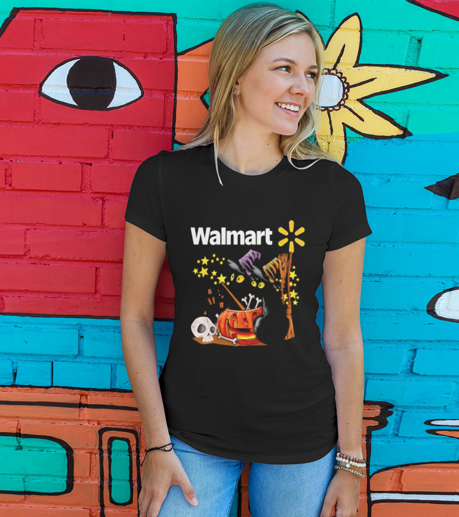 Walmart Halloween 2026 Black Cats With Witch Hats Pumpkin Skull And Stars T-Shirt