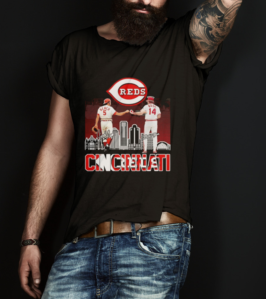 Cincinnati Reds Bench And Rose Skyline Signatures T-Shirt