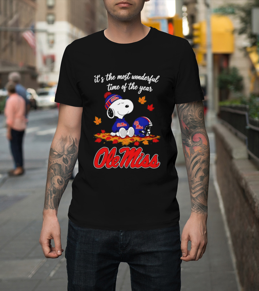 Ole Miss Snoopy It's The Most Wonderful Time Of The Year Fall Leaves T-Shirt