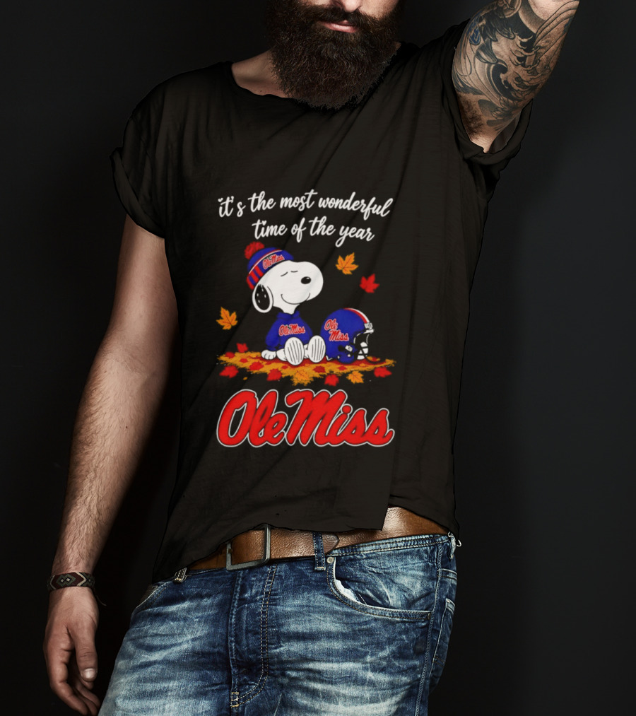 Ole Miss Snoopy It's The Most Wonderful Time Of The Year Fall Leaves T-Shirt