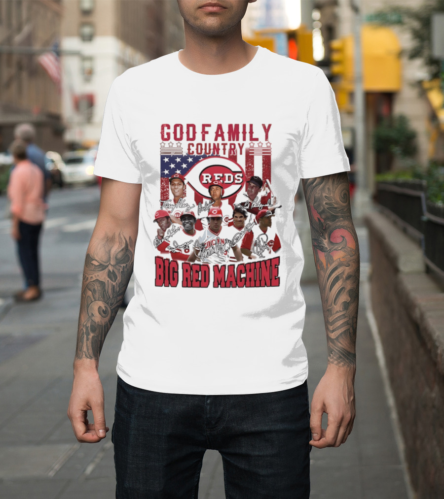 Cincinnati Reds God Family Country Big Red Machine Reds Signatures T-Shirt