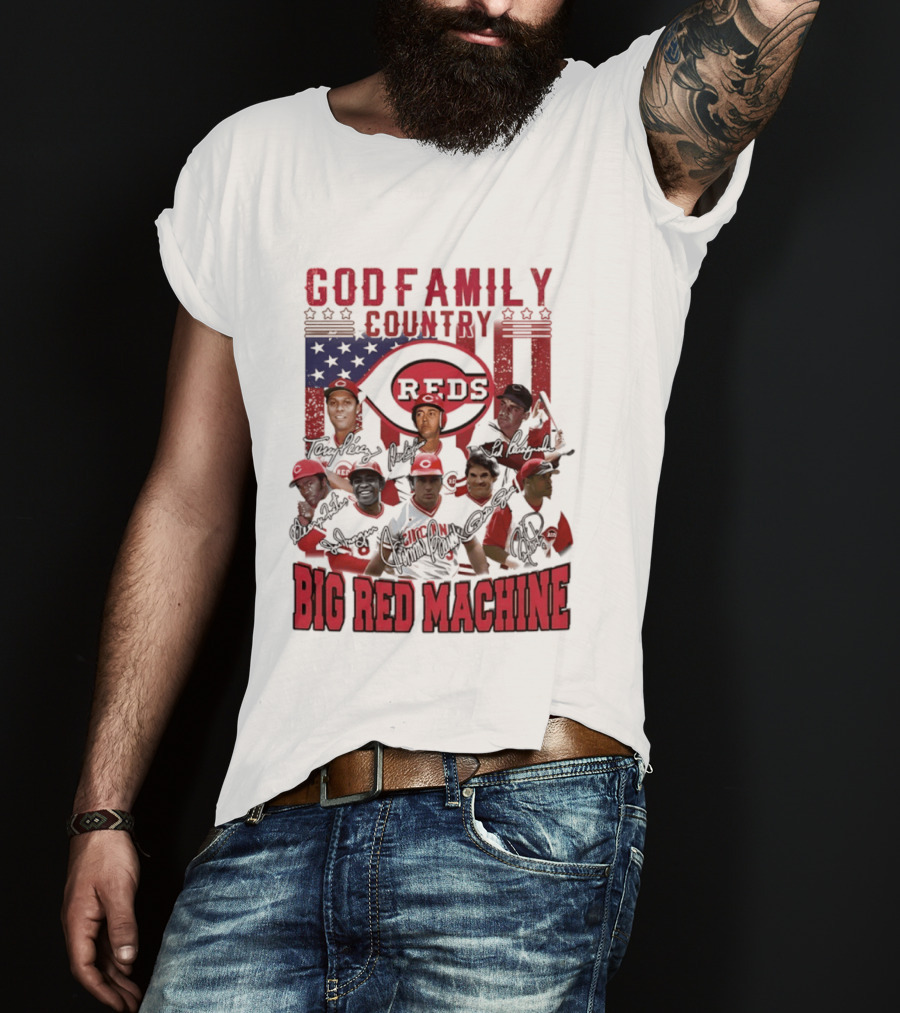 Cincinnati Reds God Family Country Big Red Machine Reds Signatures T-Shirt