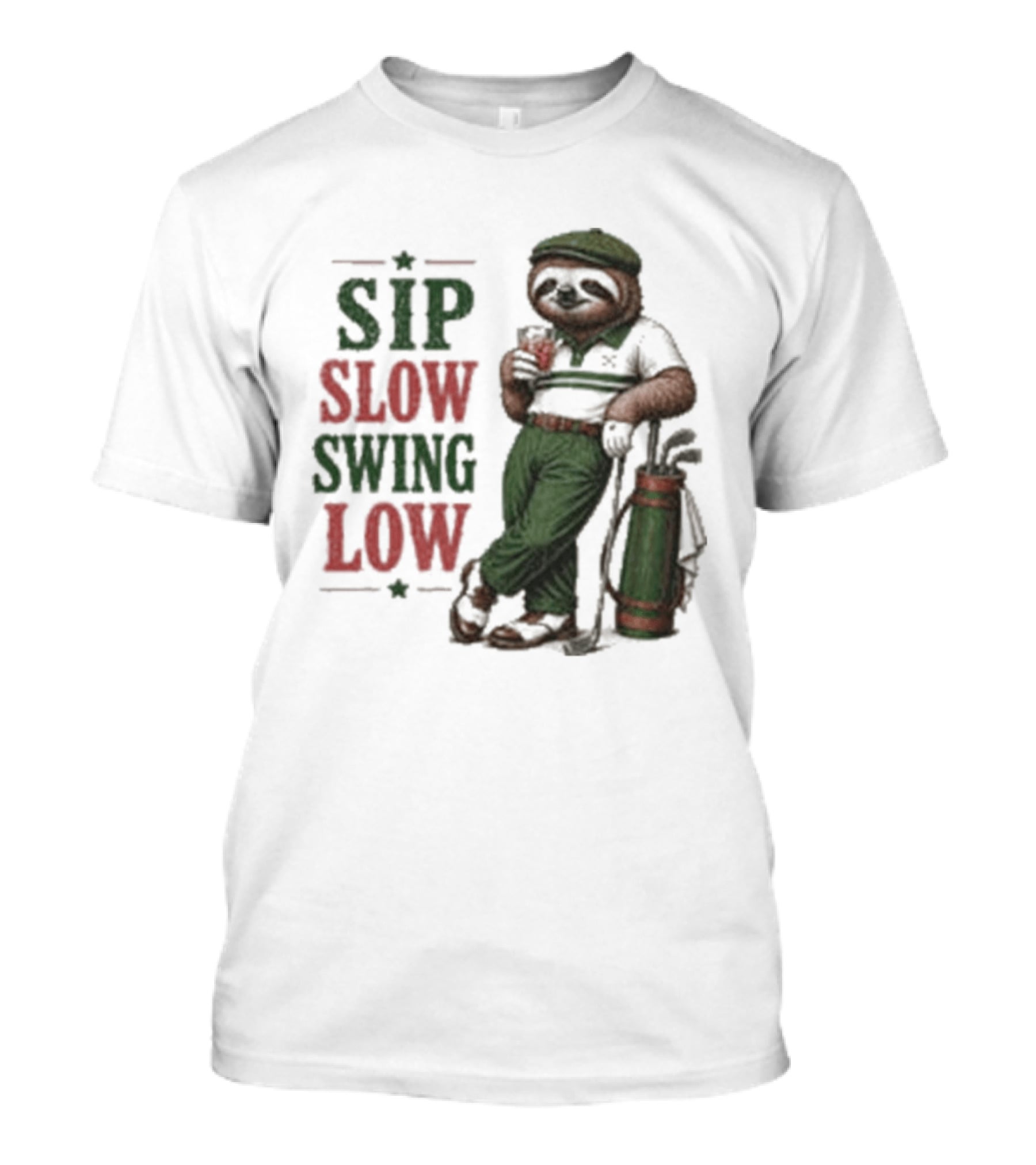 Sip Slow Swing Low Sloth Golfer Drinking Relaxed Golf T-Shirt