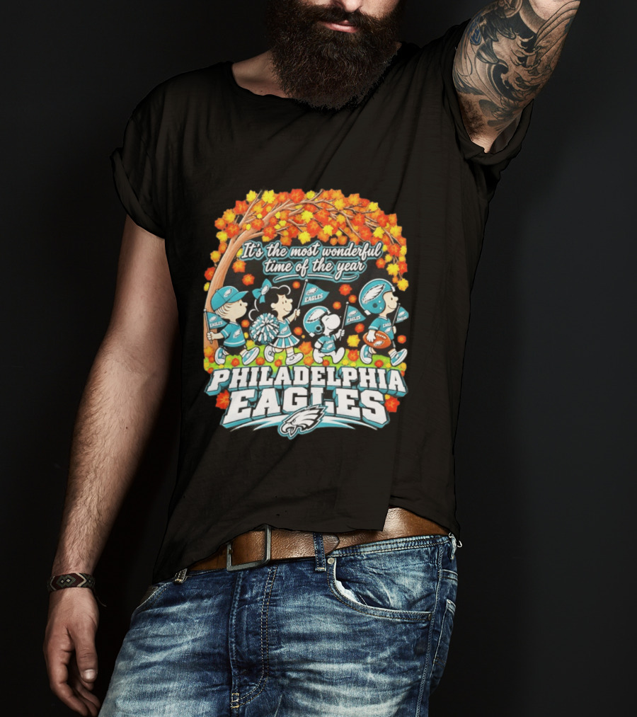 Philadelphia Eagles Peanuts Characters Autumn It's The Most Wonderful Time Of The Year T-Shirt