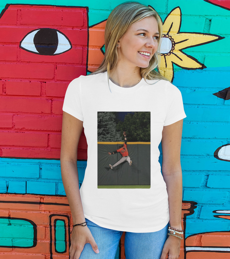 Colton Cowser Catch At Wall Wearing Red O's Jersey In Field Action T-Shirt