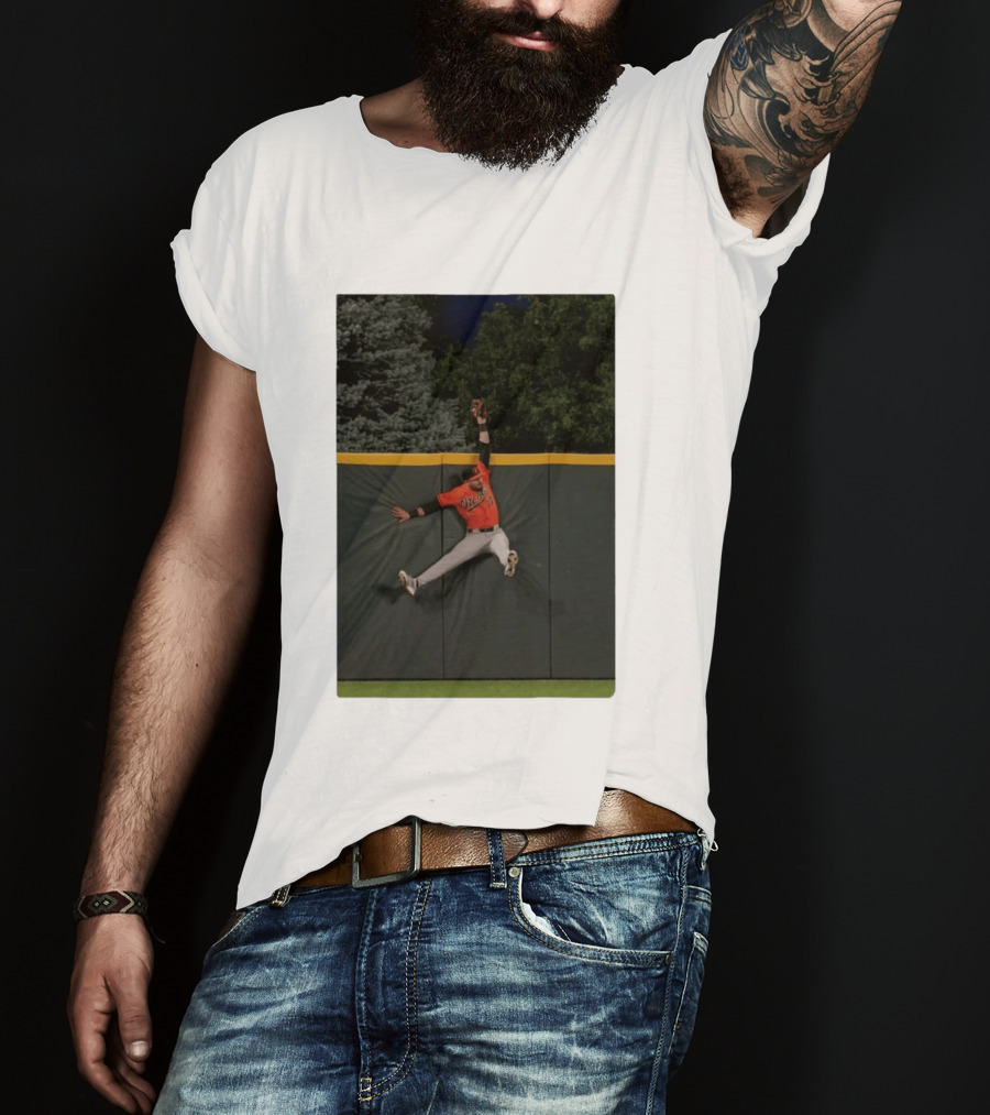 Colton Cowser Catch At Wall Wearing Red O's Jersey In Field Action T-Shirt