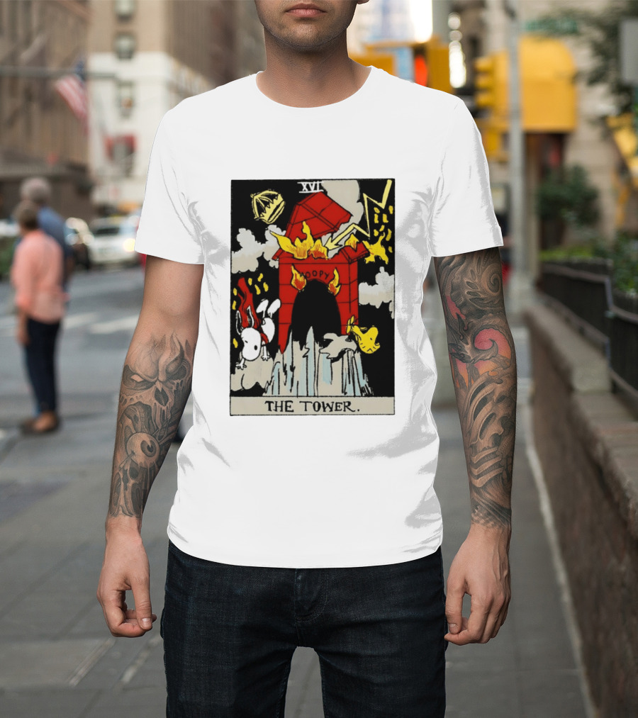 Snoopy The Tower Tarot Card XVII Lightning Flames Clouds Woodstock T-Shirt
