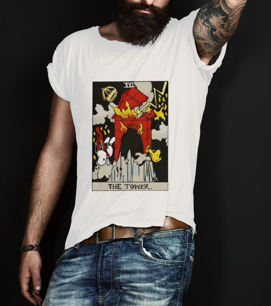 Snoopy The Tower Tarot Card XVII Lightning Flames Clouds Woodstock T-Shirt