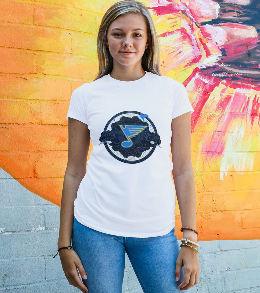 STL Blues Fourth Wing Night 2026 Circle Blue Emblem With Musical Note And Clouds T-Shirt