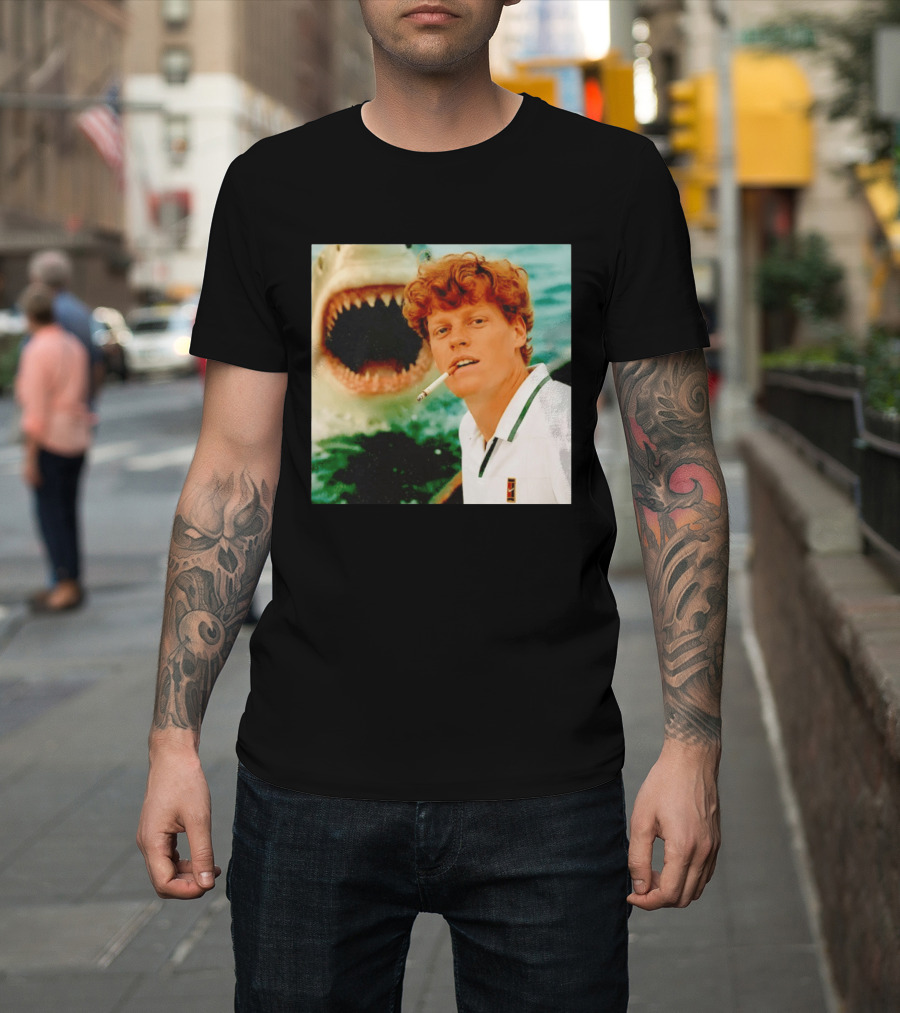 Jannik Sinner Smoking With Jaws Shark Behind T-Shirt