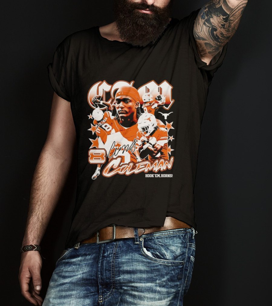 Cameron Coleman 8 Texas Longhorns NCAA Football Star Player Action T-Shirt