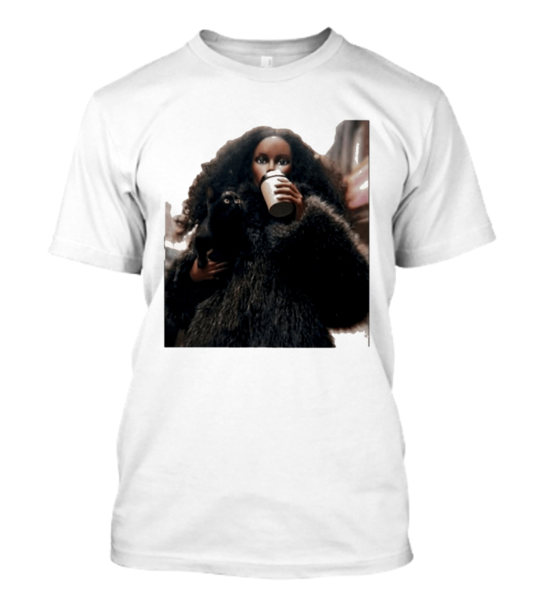 Diana's Cat Club Fashionable Coffee Moment With Furry Coat And Black Cat T-Shirt