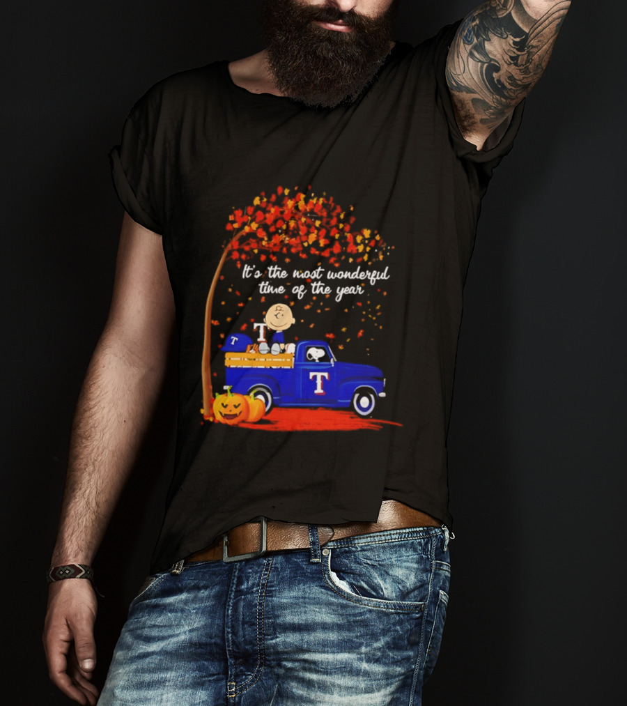 Snoopy Charlie Brown Texas Rangers Halloween 2026 It's The Most Wonderful Time Of The Year Truck Pumpkins T-Shirt