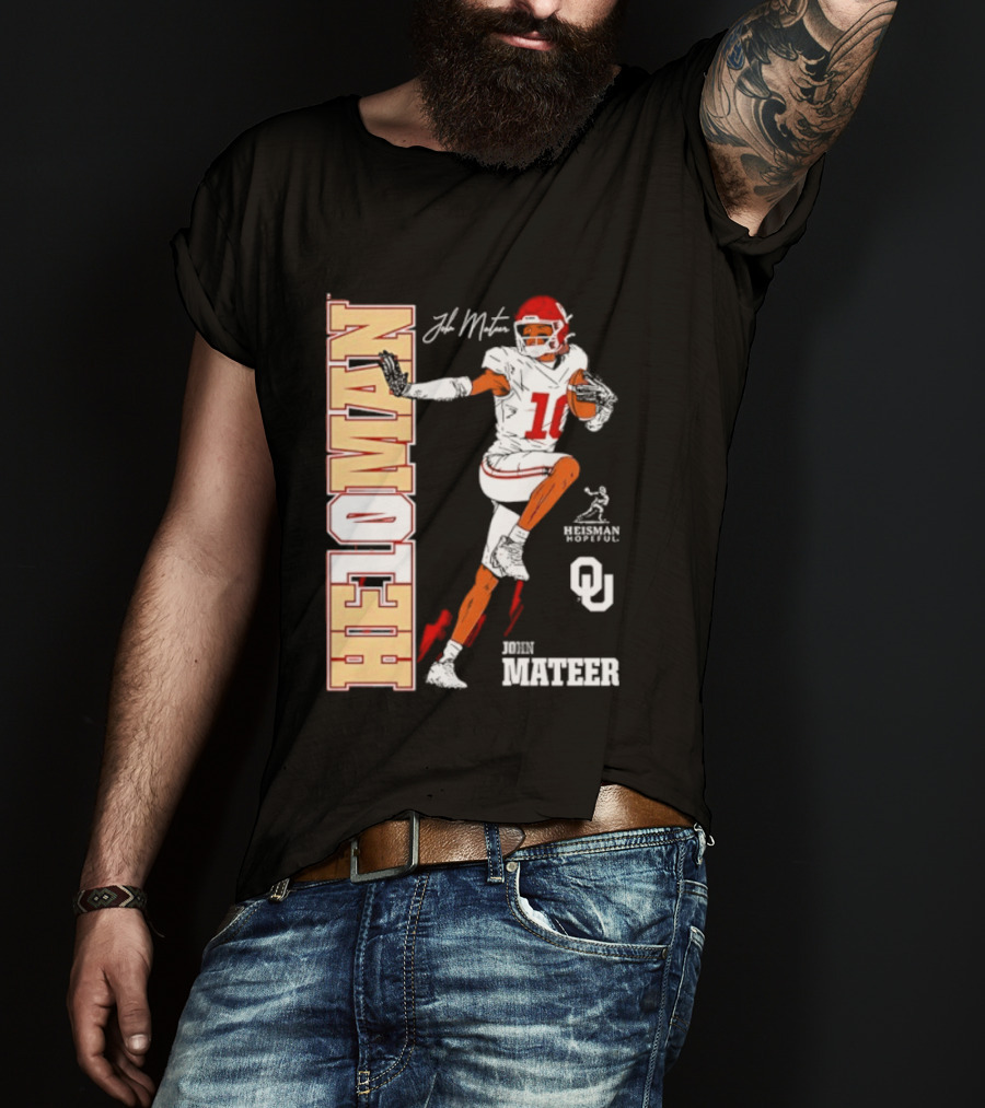HE10MAN J Mateer Oklahoma Sooners Heisman Stance Player Number 10 T-Shirt