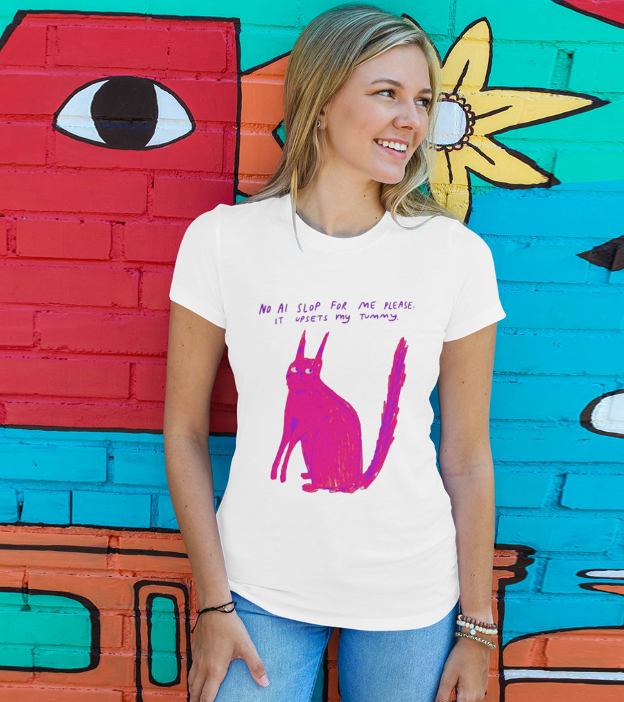 No AI Slop For Me Please It Upsets My Tummy Pink Cat T-Shirt
