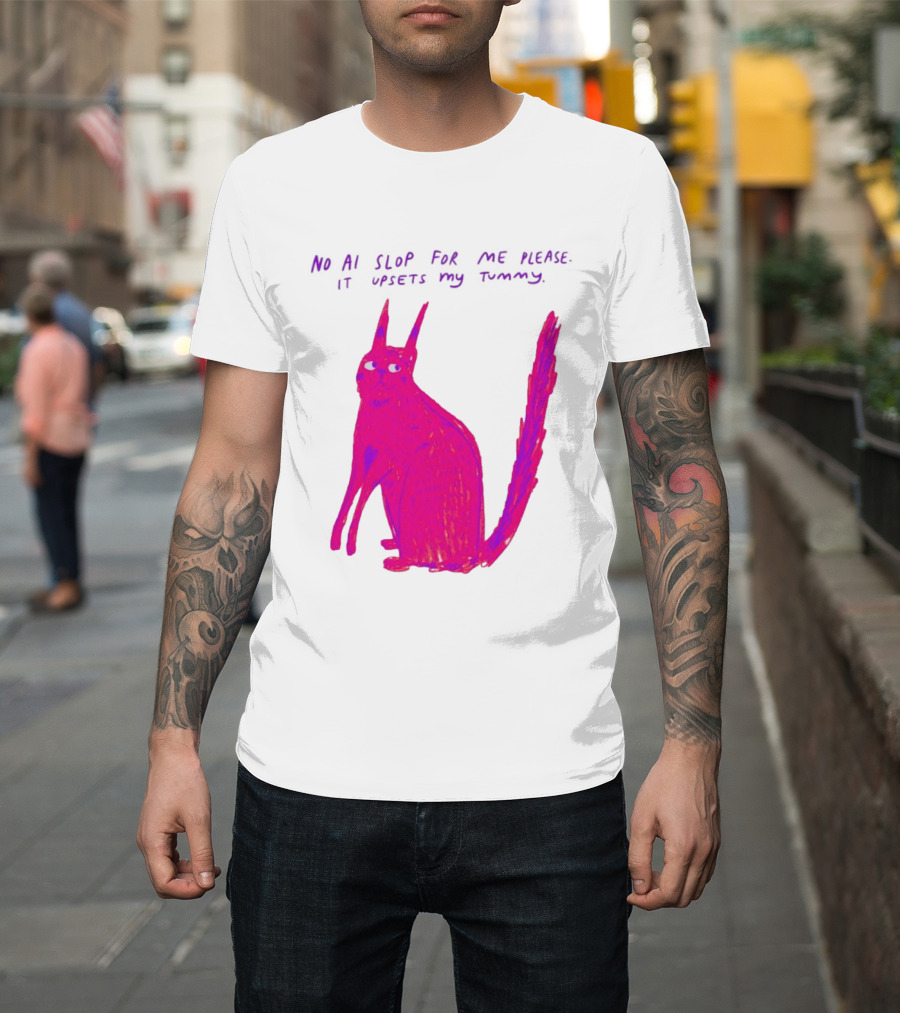 No AI Slop For Me Please It Upsets My Tummy Pink Cat T-Shirt