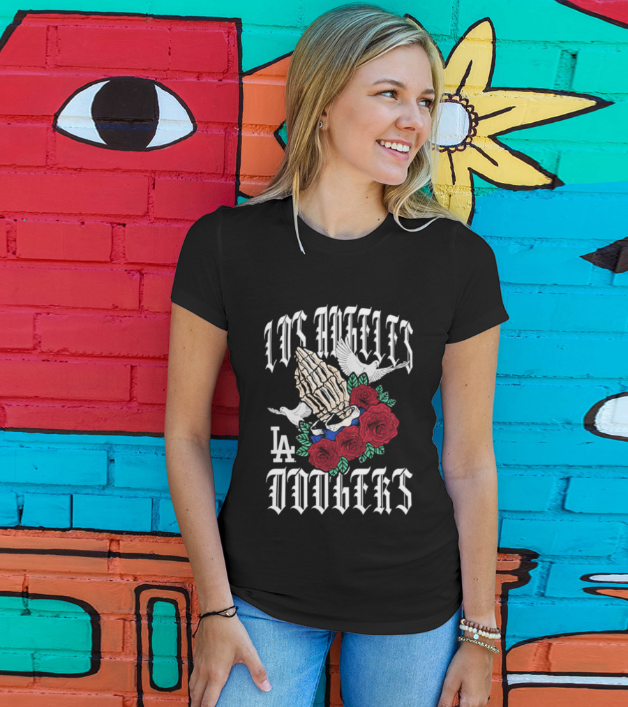 Los Angeles Dodgers Gothic Bloom Praying Hands Roses Halloween 2026 T-Shirt