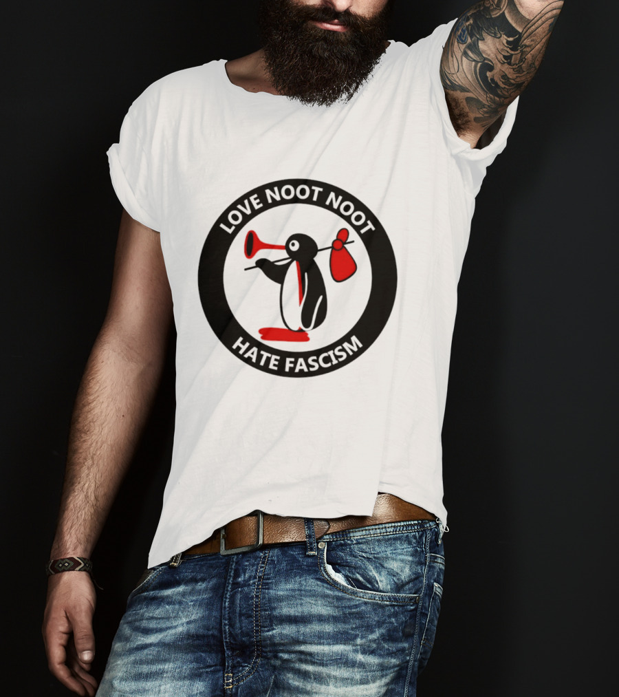 Love Noot Noot Hate Fascism Penguin Carrying Red Bag T-Shirt