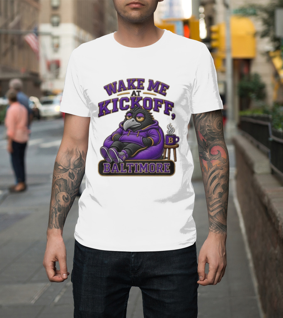 Wake Me At Kickoff Baltimore Purple Bird With Coffee T-Shirt