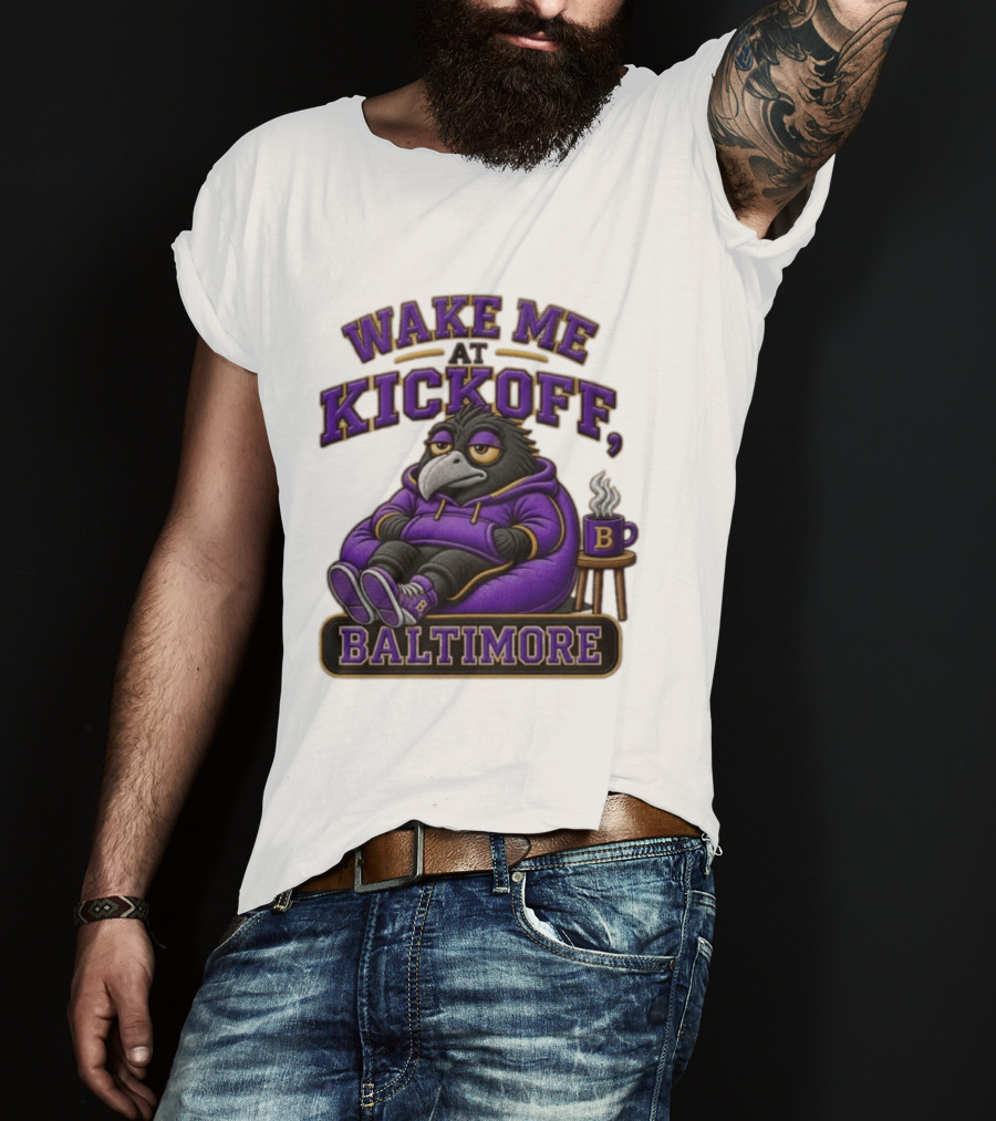 Wake Me At Kickoff Baltimore Purple Bird With Coffee T-Shirt